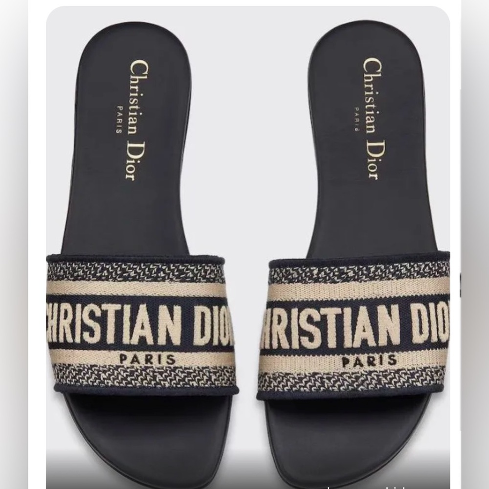 Christian Dior - NWT, Black Embroidered Cotton Slide. Black/off-white. Size 37.5